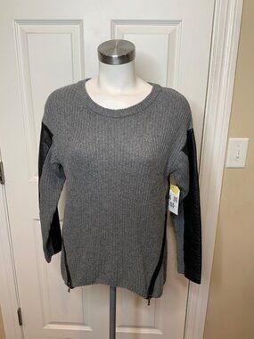 Milly Gray Knit Sweater W/ Zippers & Faux Leather Sleeve Panels, Size S